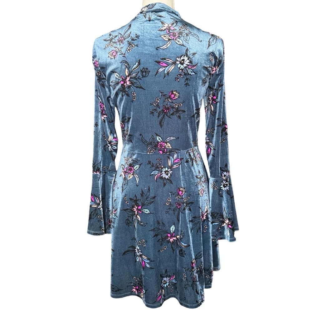 Blue Velvet Floral Dress Bell Sleeve Mock Neck Fit Flare Womens Medium - Picture 2 of 9
